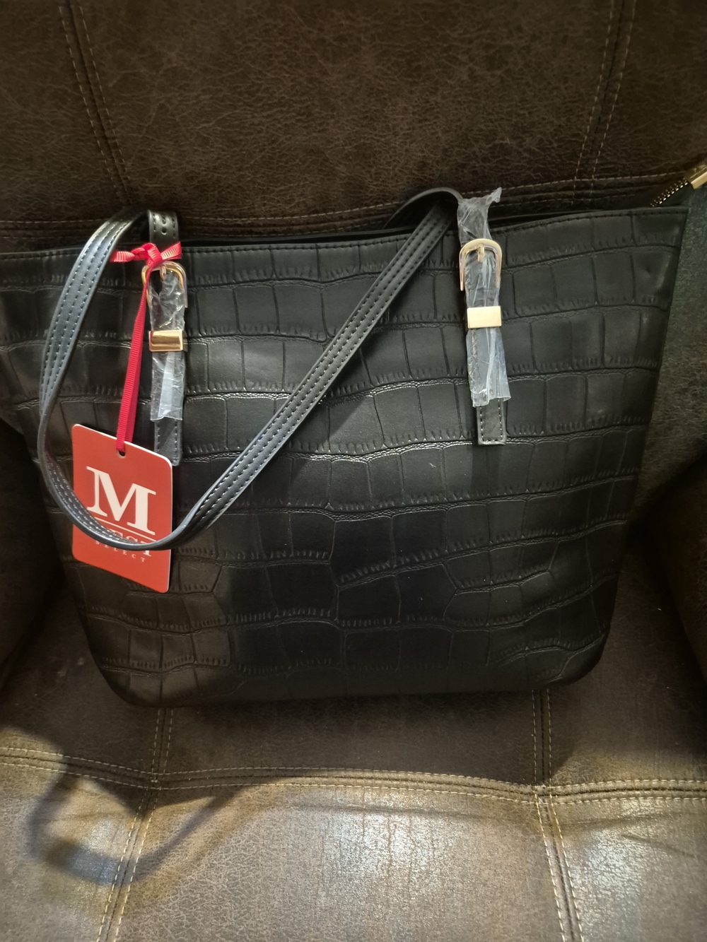 Montana West Black Croc-Embossed Shoulder Bag with Gold Accents